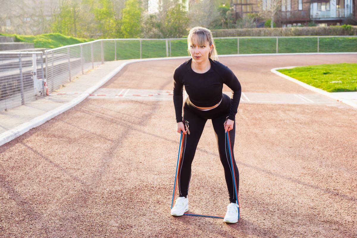 Woman performing resistance band rear delt fly exercise