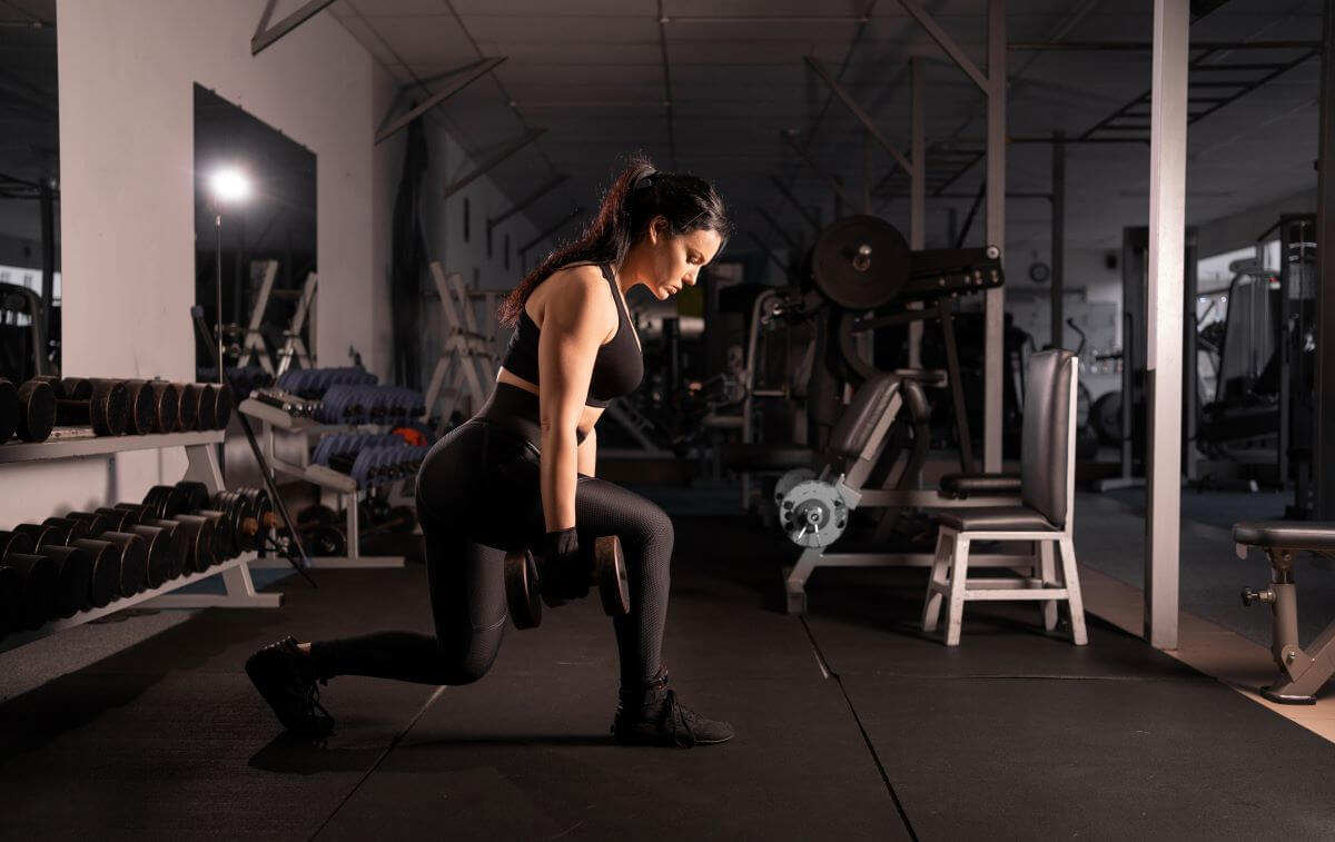 Woman performing tough set of dumbbell lunges as part of a leg superset