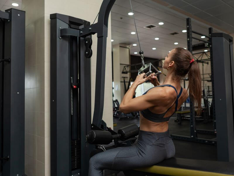 Woman in the gym performing a set of close grip lat pull downs as part of her push pull legs superset